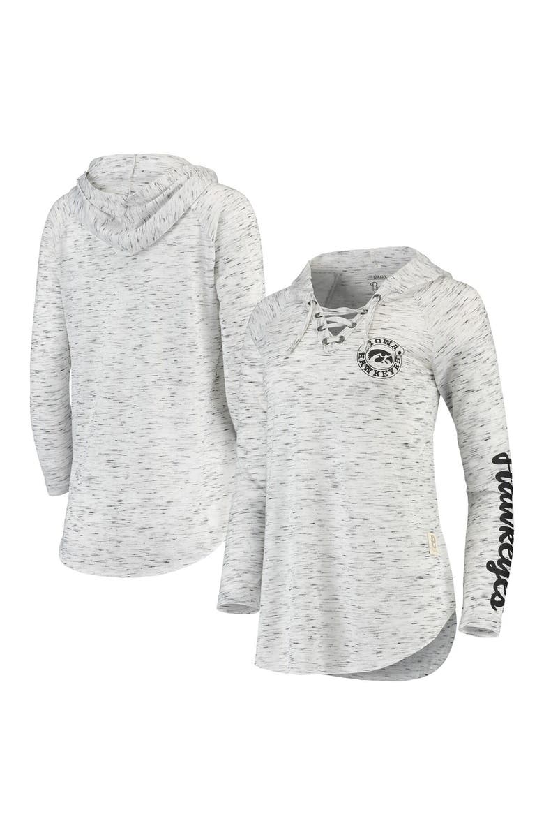 PRESSBOX Women's Pressbox Gray Iowa Hawkeyes Space Dye Lace-Up V-Neck Long Sleeve T-Shirt, Main, color,