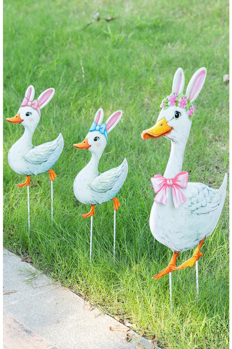 Set of 3 Easter Metal Duck Yard Stake, Alternate, color, White