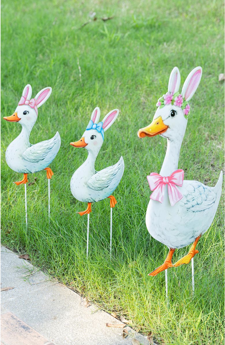 Glitzhome Set of 3 Easter Metal Duck Yard Stake, Alternate, color, White