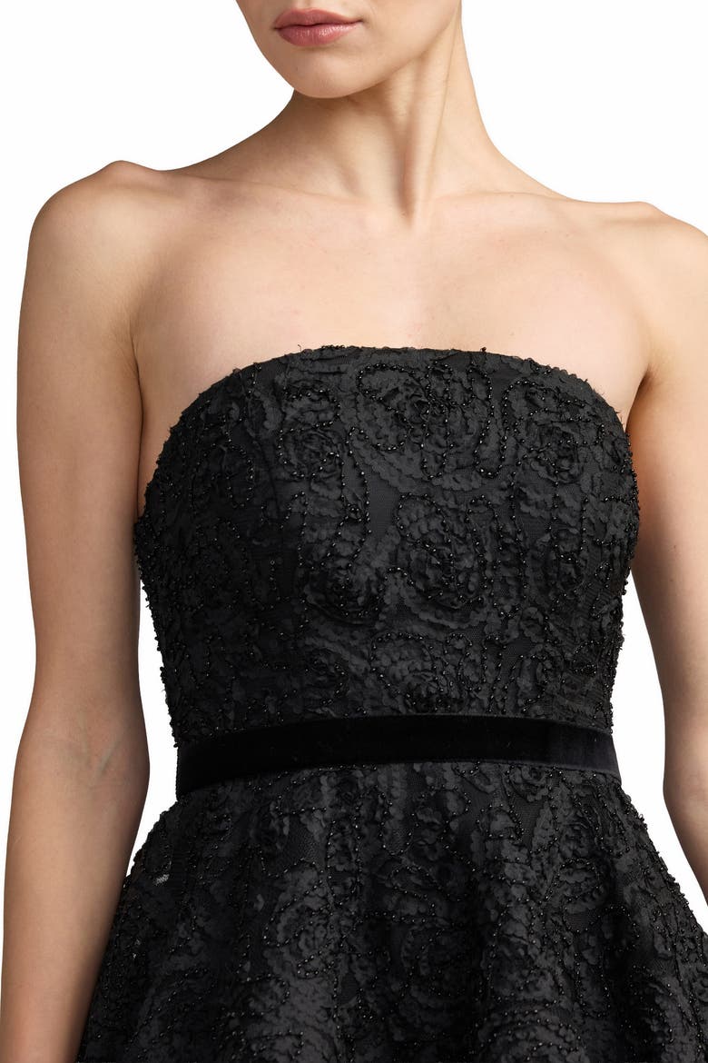 Floral Lace Strapless Bubble Mini Dress, Alternate, color, Black