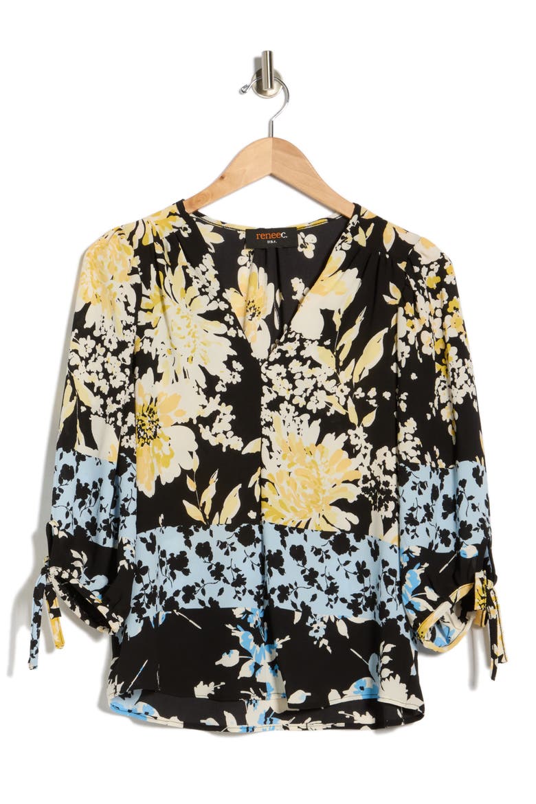 Tie Cuff Floral Top, Alternate, color, BLACK