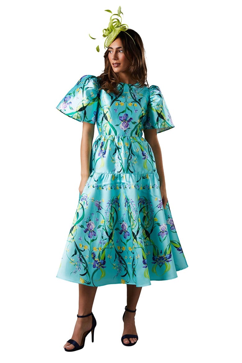 Twill Puff Sleeve Printed Midi Dress, Main, color, Green
