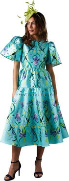 Coast Twill Puff Sleeve Printed Midi Dress