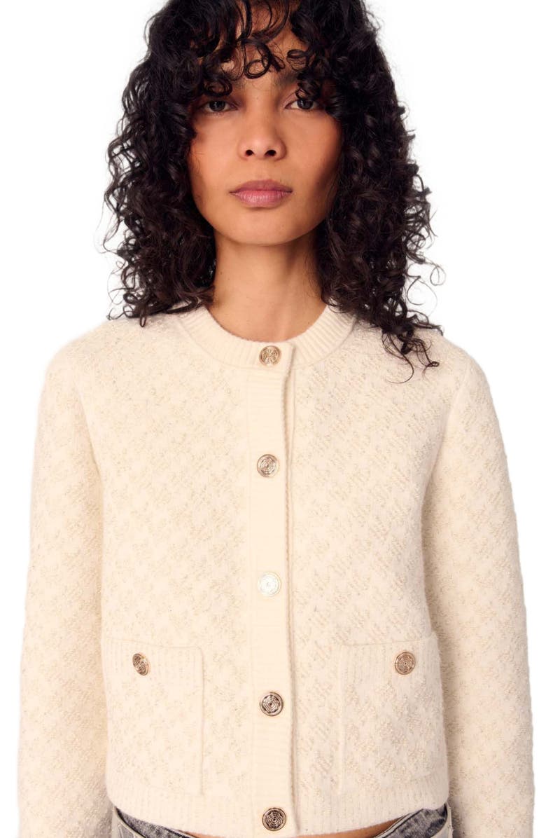 maje Short tweed-effect cardigan, Alternate, color, Ecru