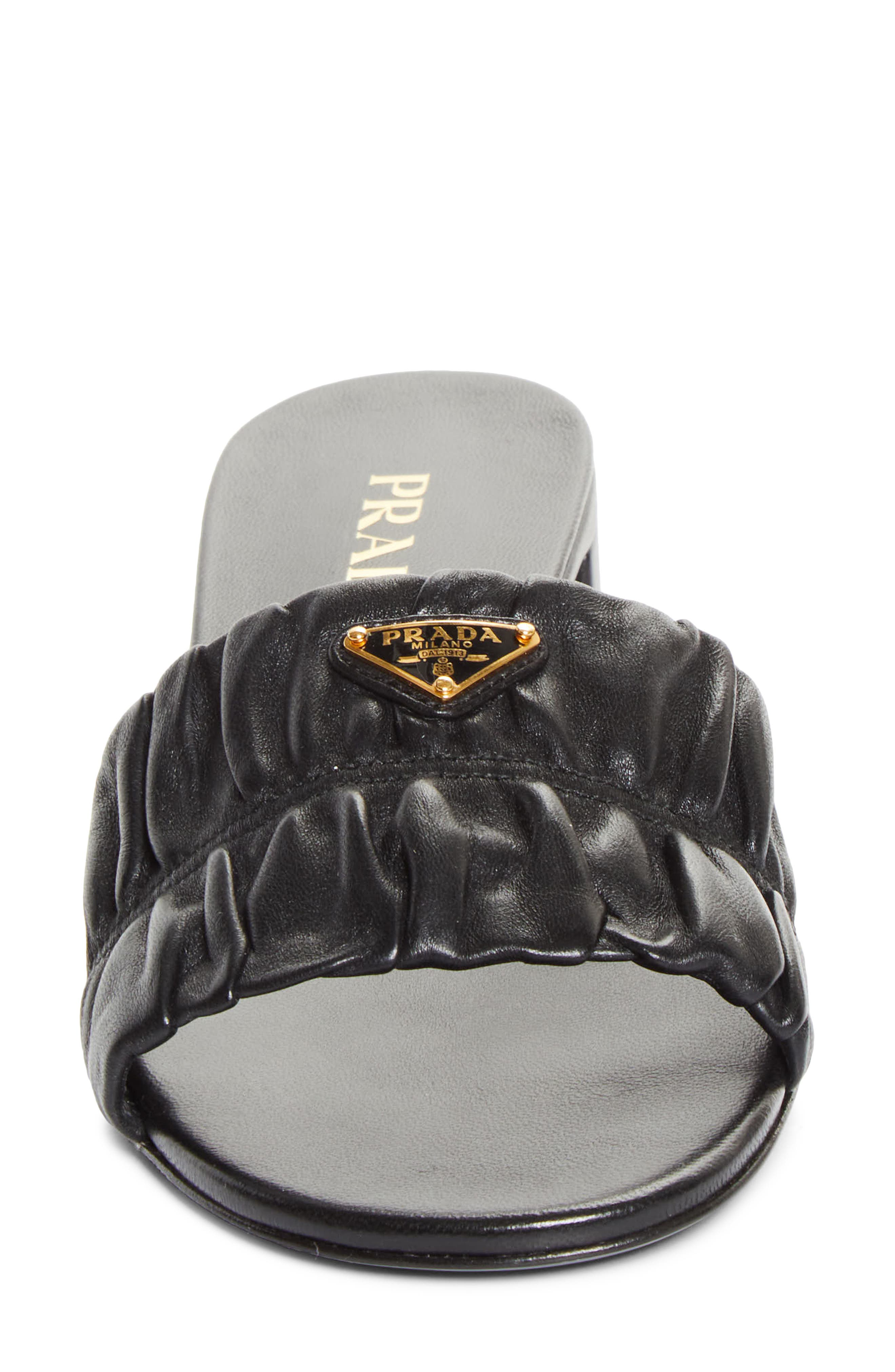 Prada Ruched Logo Sandal, Alternate, color, Nero