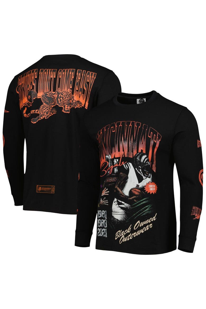 Unisex Black Cincinnati Bengals x BlaCkOWned Stripes Don't Come Easy Long Sleeve T-Shirt, Main, color, Black