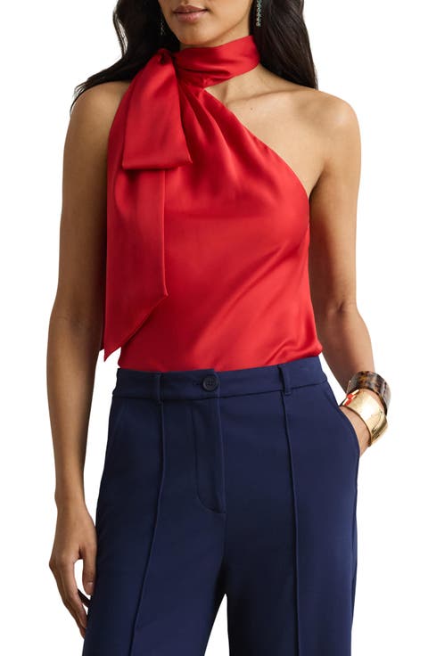 Tie Neck Asymmetric Charmeuse Halter Top