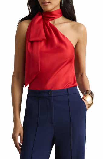 Tie Neck Asymmetric Charmeuse Halter Top