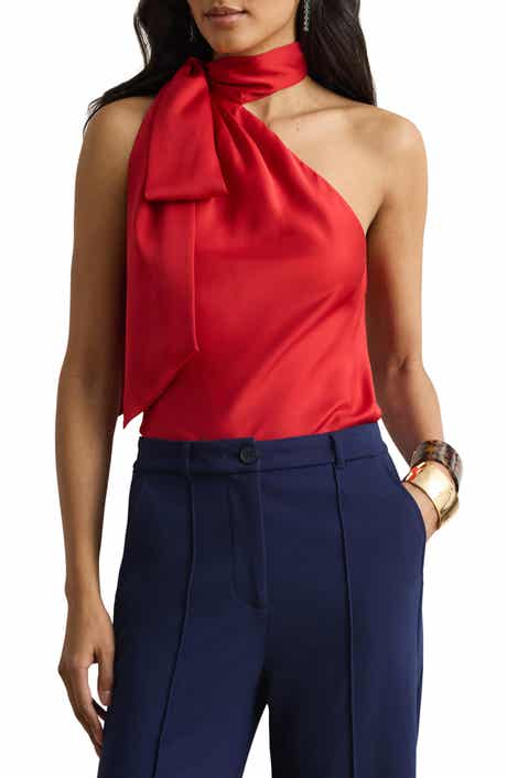 Tie Neck Asymmetric Charmeuse Halter Top