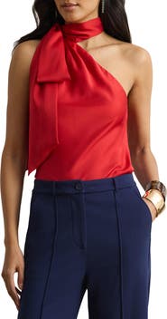 Lauren Ralph Lauren Tie Neck Asymmetric Charmeuse Halter Top