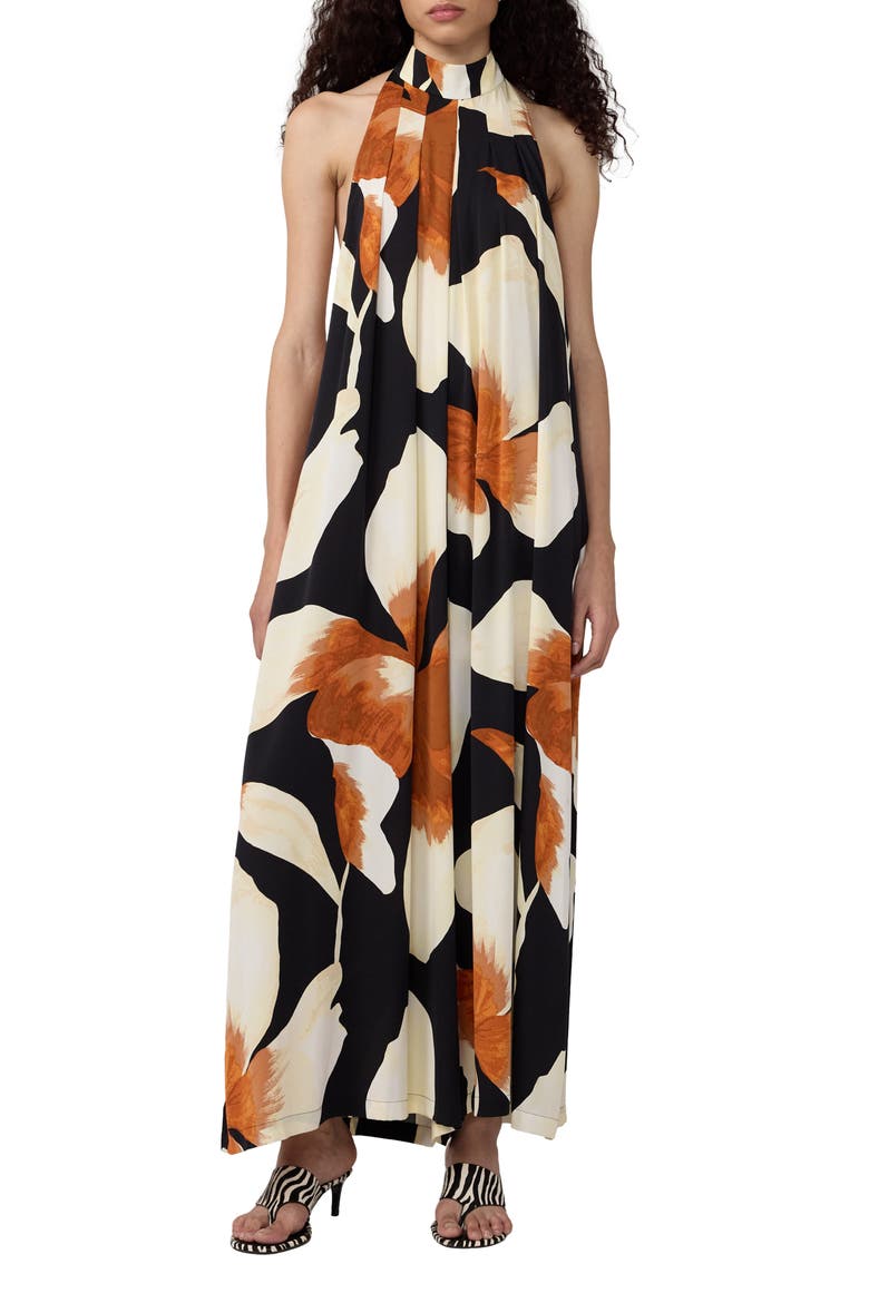 Cher Floral Halter Neck Wide Leg Stretch Silk Jumpsuit, Main, color, ISLAND ORCHID GIANT BLACK