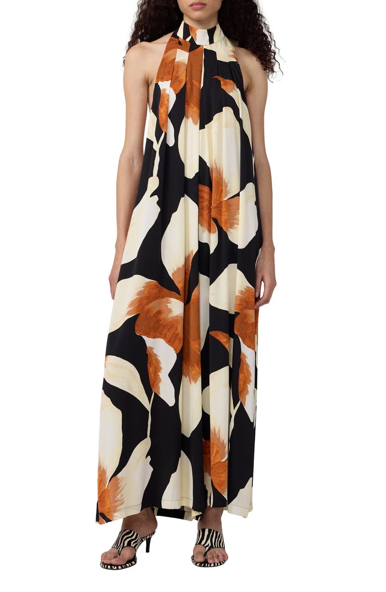 Diane von Furstenberg Cher Floral Halter Neck Wide Leg Stretch Silk Jumpsuit, Main, color, Island Orchid Giant Black