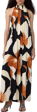 Diane von Furstenberg Cher Floral Halter Neck Wide Leg Stretch Silk Jumpsuit