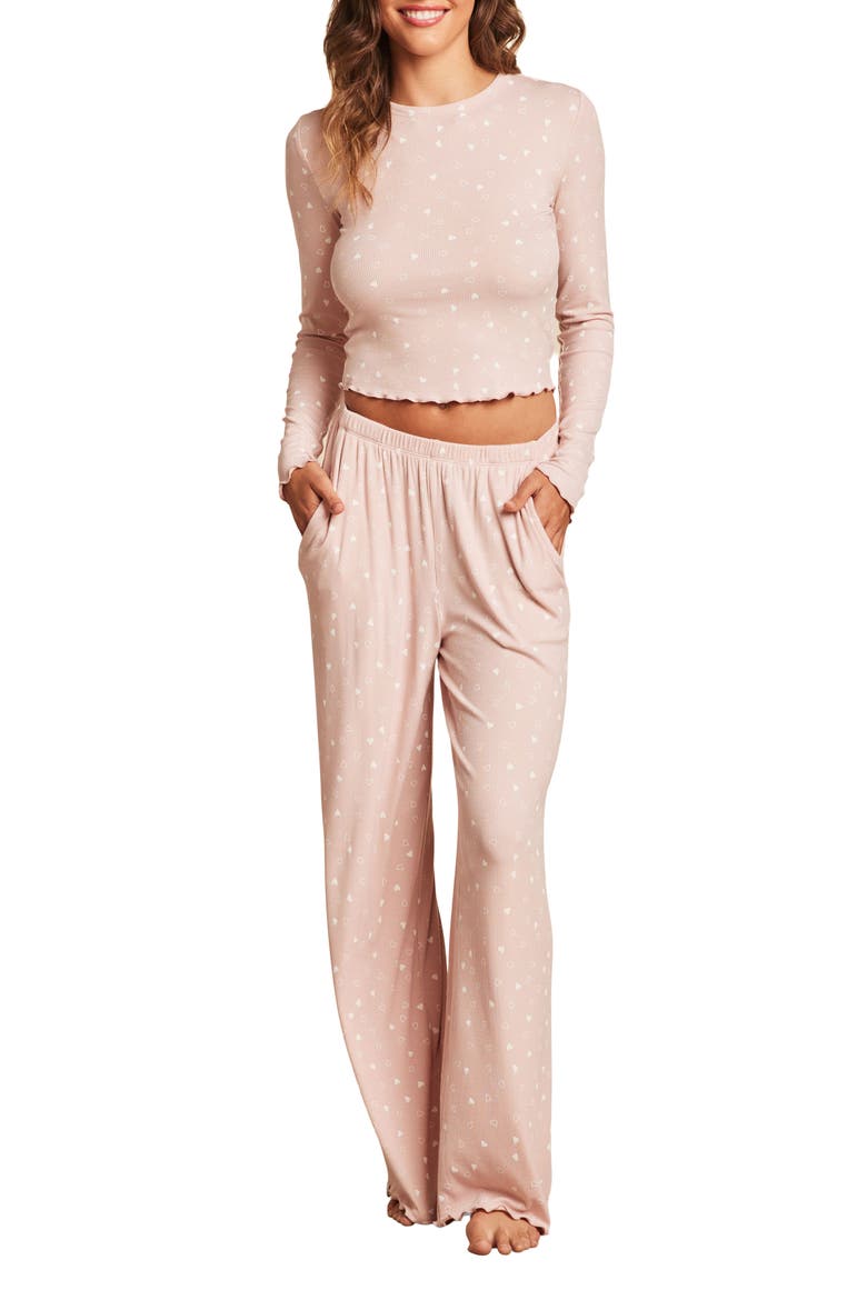 Ultra Soft Rib Lettuce Hem Crop Pajama Top, Alternate, color, DUSTY ROSE/ PEARL