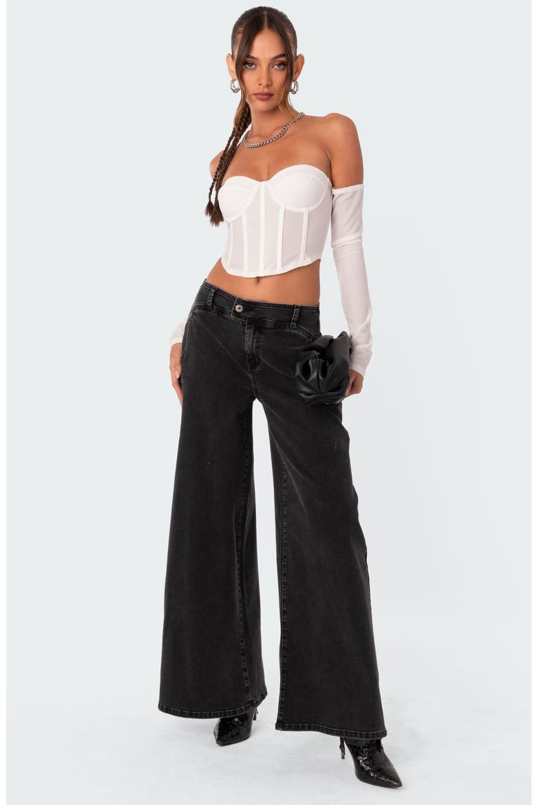 Cella Mesh Corset Crop Top with Long Sleeves, Alternate, color, WHITE
