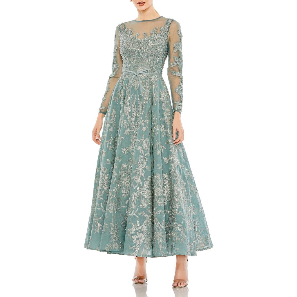 Mac Duggal Embellished Bow Belt Illusion Long Sleeve A Line Dress In Jade