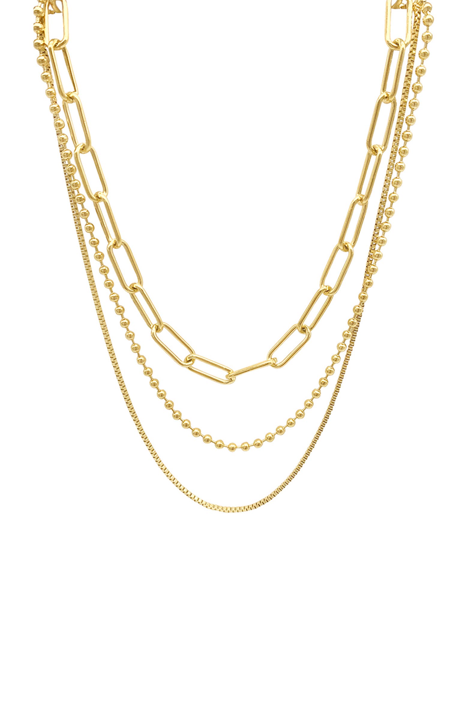 14K Yellow Gold Plated Paperclip, Ball & Box Chain Necklace Set (Women ...