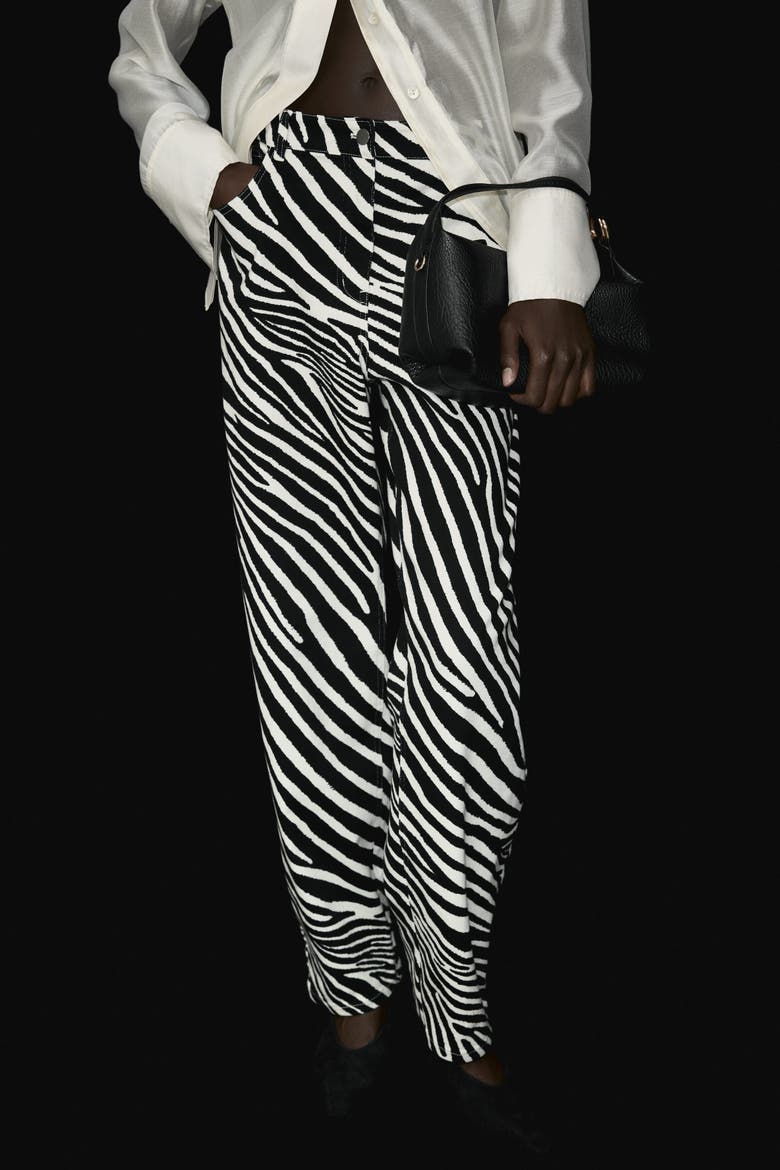 Barrel-leg Twill Trousers, Alternate, color, Black/zebra print