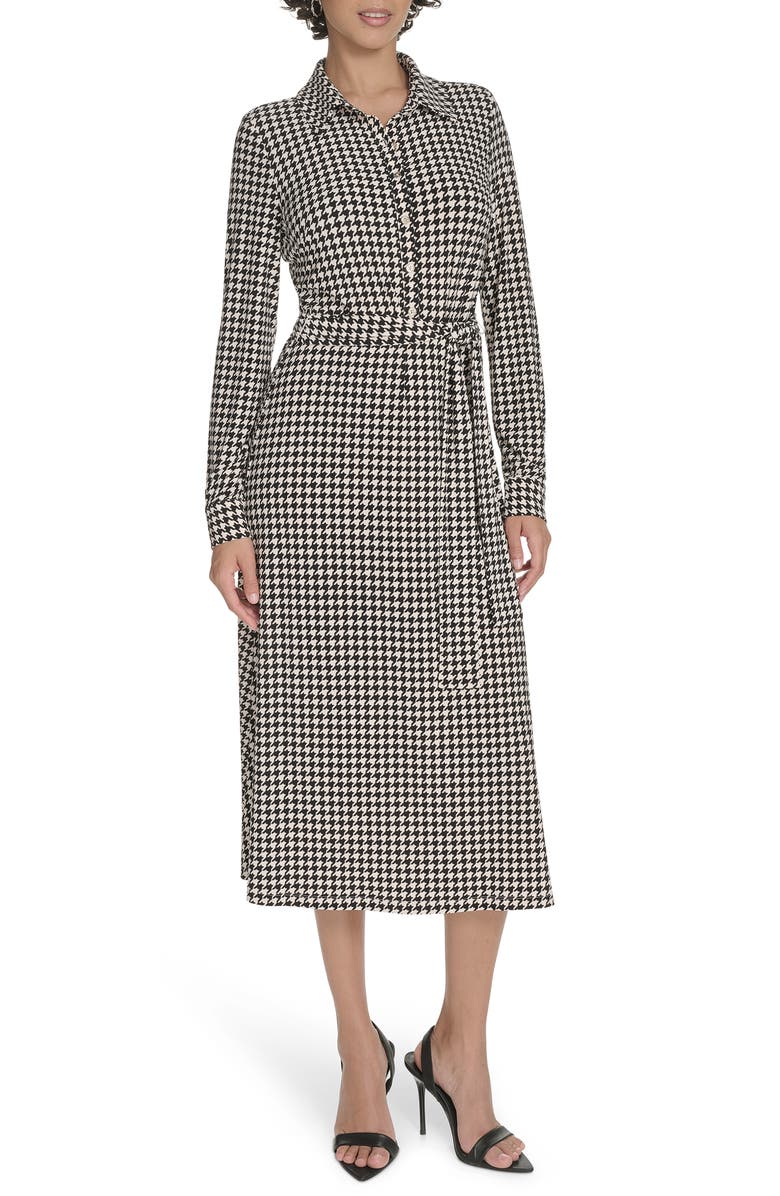 Tommy Hilfiger Houndstooth Long Sleeve Tie Waist Shirtdress, Main, color, Whitecap/ Black