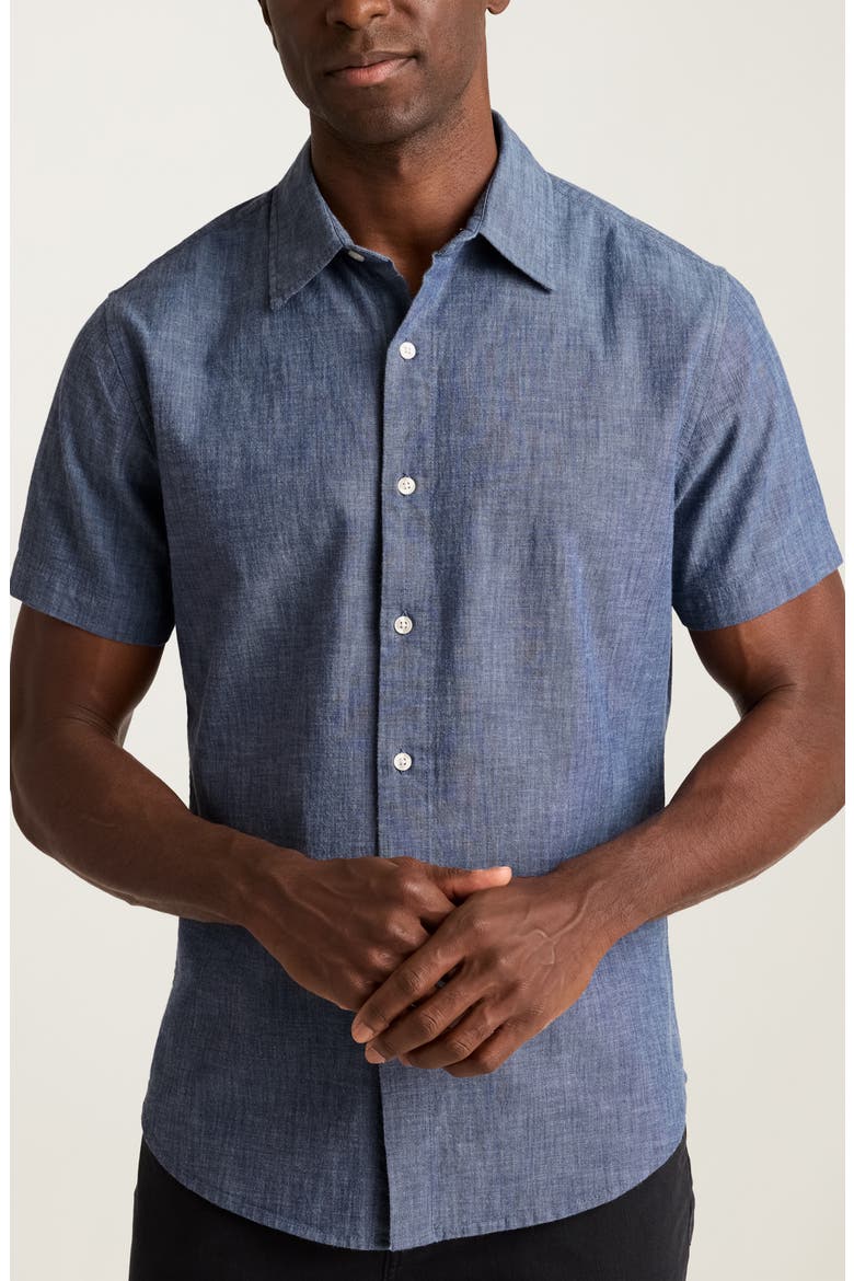 Riviera Slim Fit Short Sleeve Cotton Chambray Button-Up Shirt, Main, color, DARKWASH CHAMBRAY