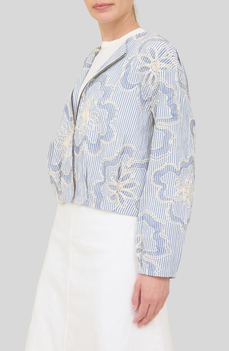 ZOE AND CLAIRE Embroidered Detail Stripe Bomber Jacket, Alternate, color, Blue