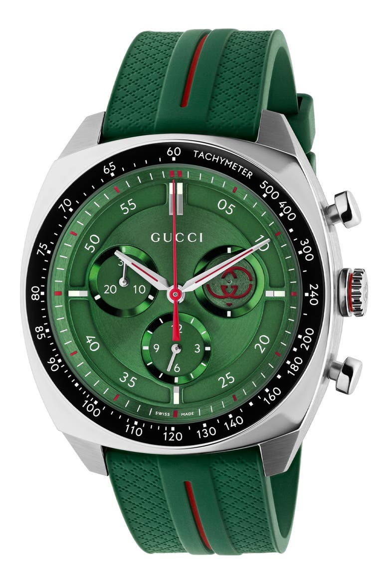 Interlocking G Chronograph Rubber Strap Watch, 41mm, Main, color, GREEN