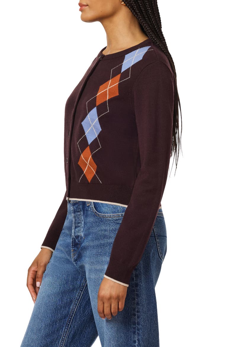 Argyle Crewneck Cardigan, Alternate, color, SEAL BROWN STONE CARAMEL