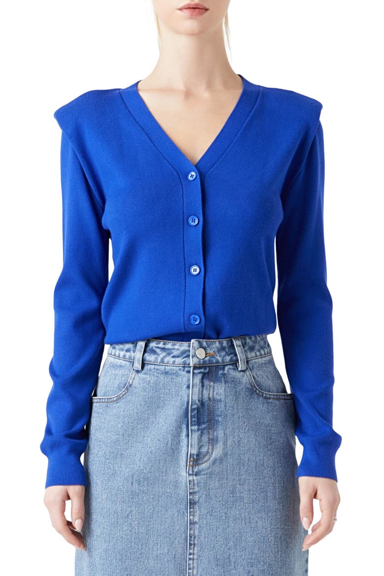 Padded Shoulder V-Neck Cardigan, Main, color, ROYAL BLUE