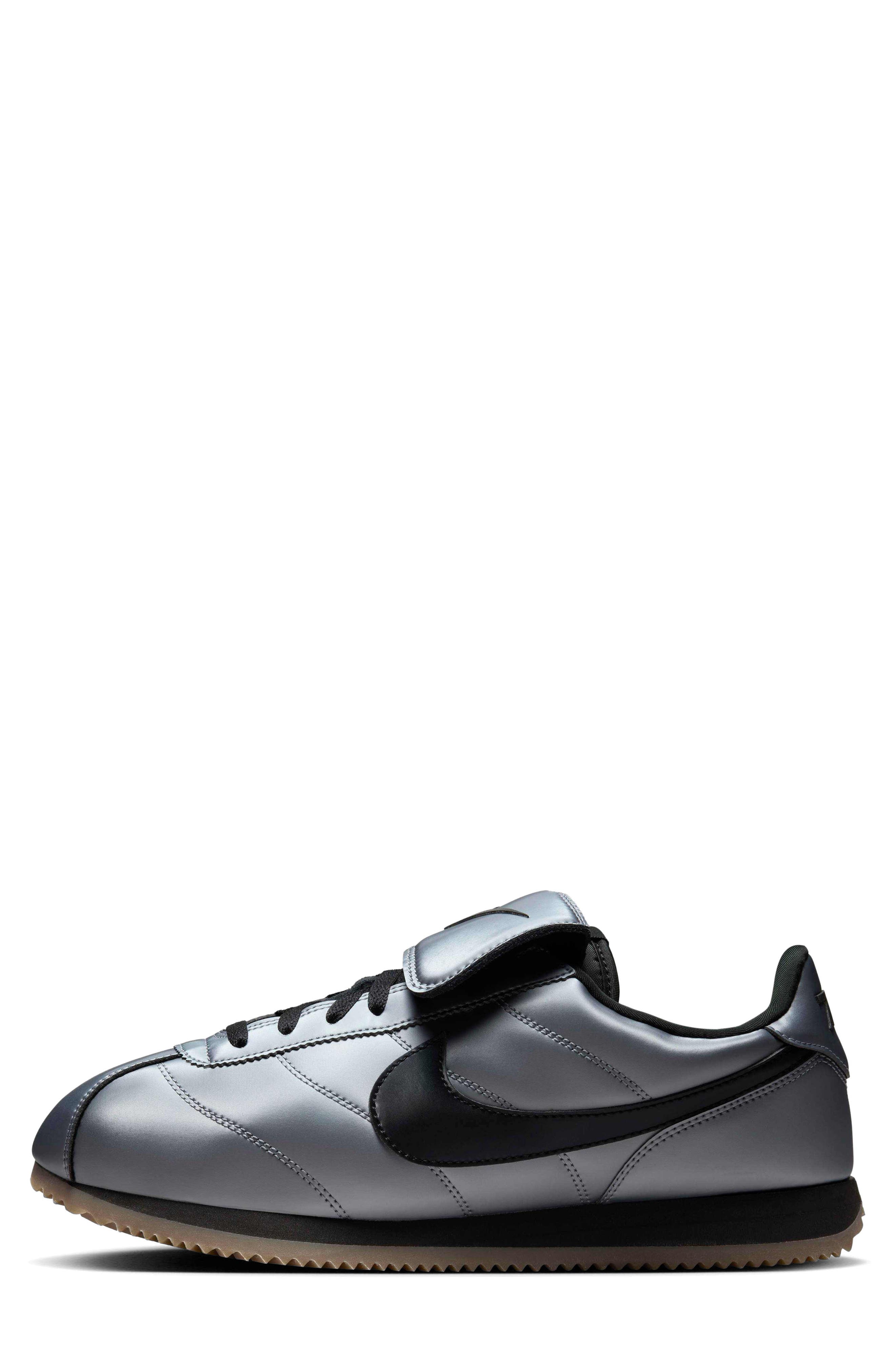 Nike Cortez Leather SE 'Metallic Cool Grey/Black' Soccer Sneaker, Alternate, color, 