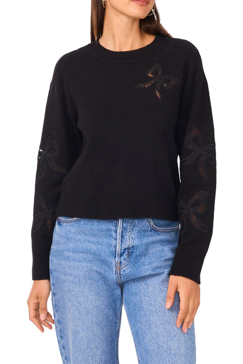 Lace Bow Crop Sweater, Main, color, RICH BLACK