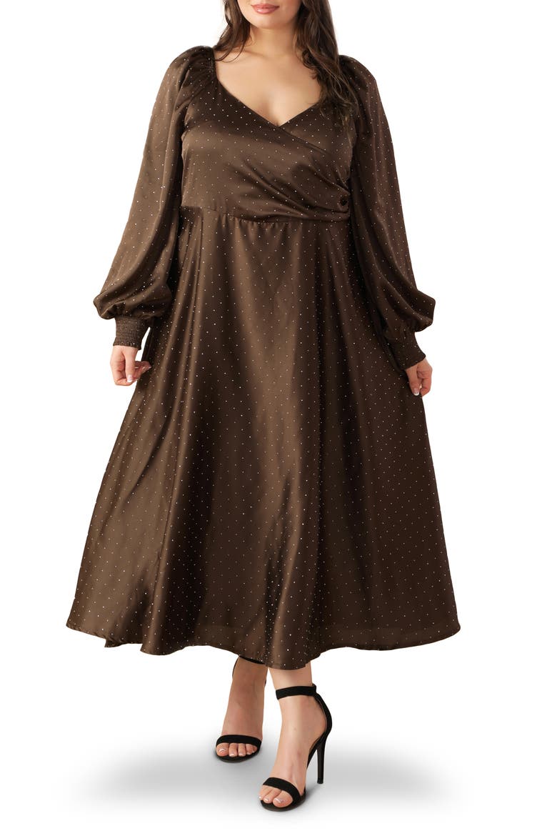 Polka Dot Long Sleeve Satin Dress, Main, color, BROWN