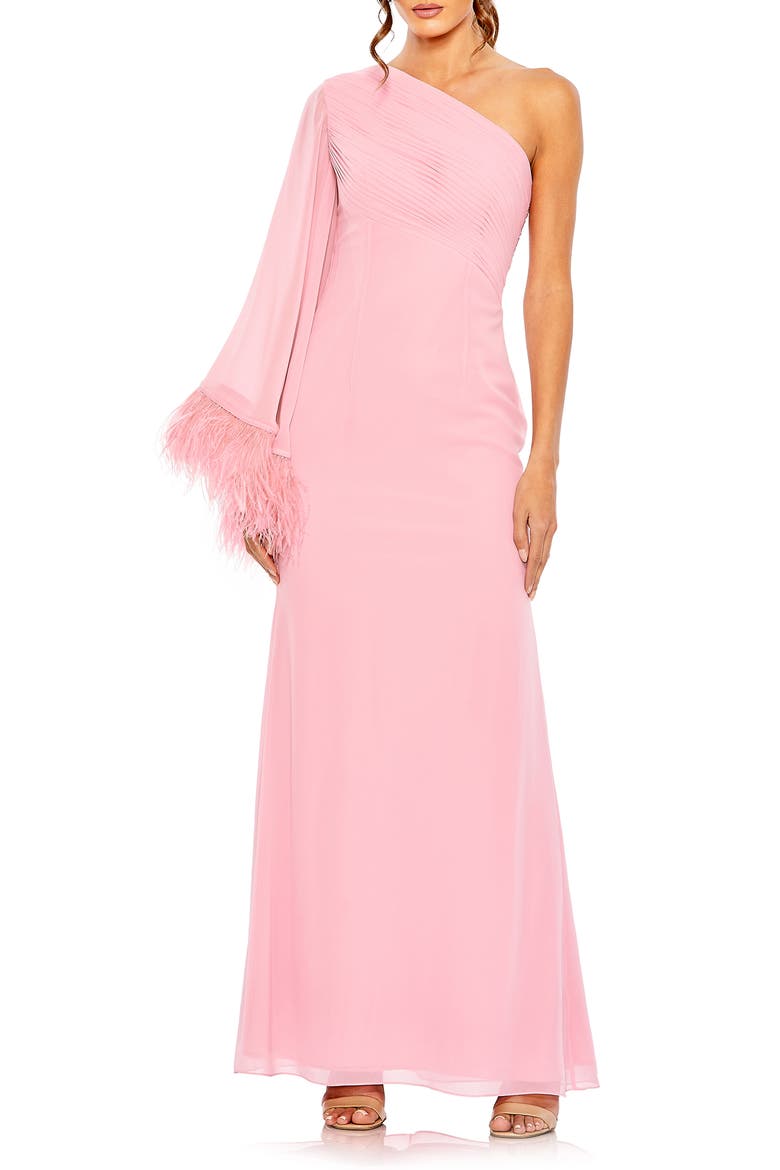 Feather Cuff One Shoulder Ruched Gown, Main, color, ROSE