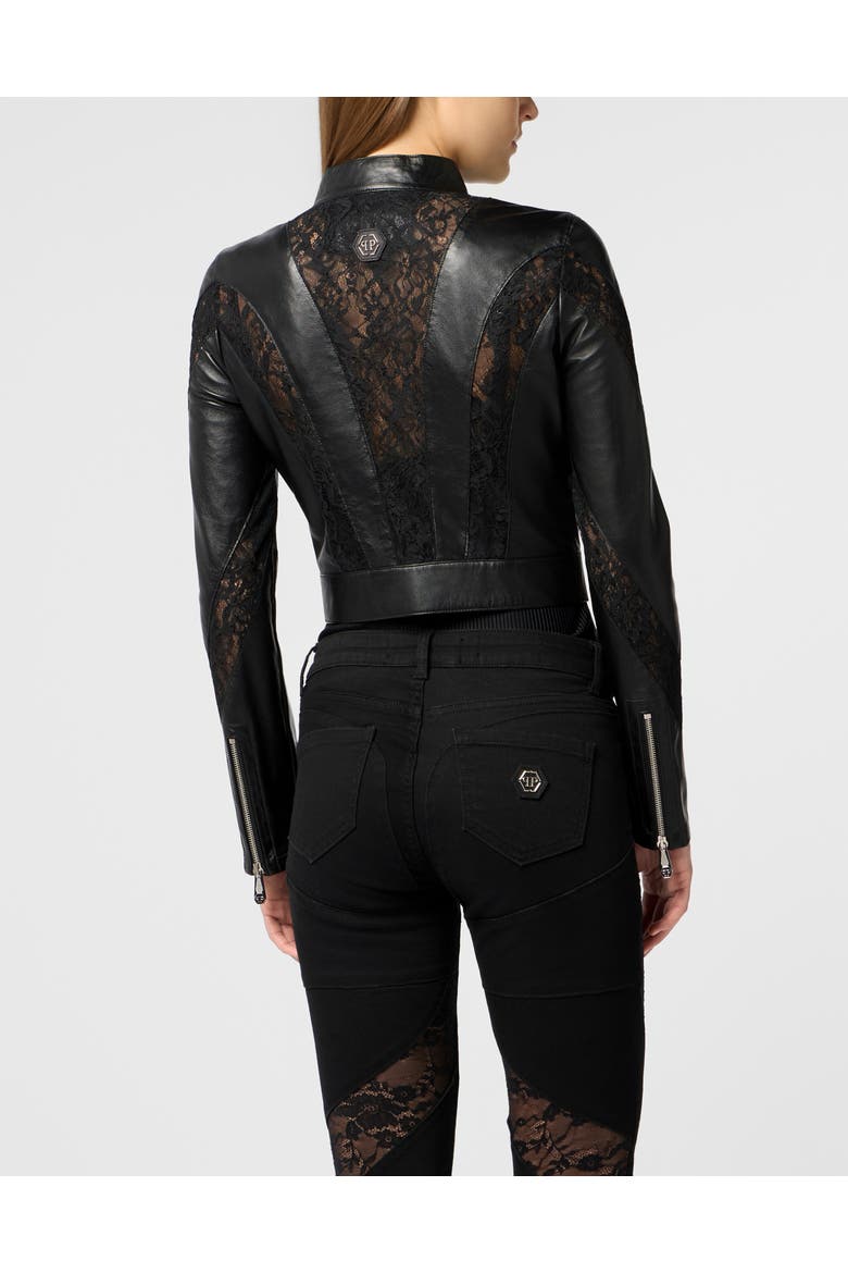 Fitted Biker Jacket With Lace Inserts Women, Alternate, color, black