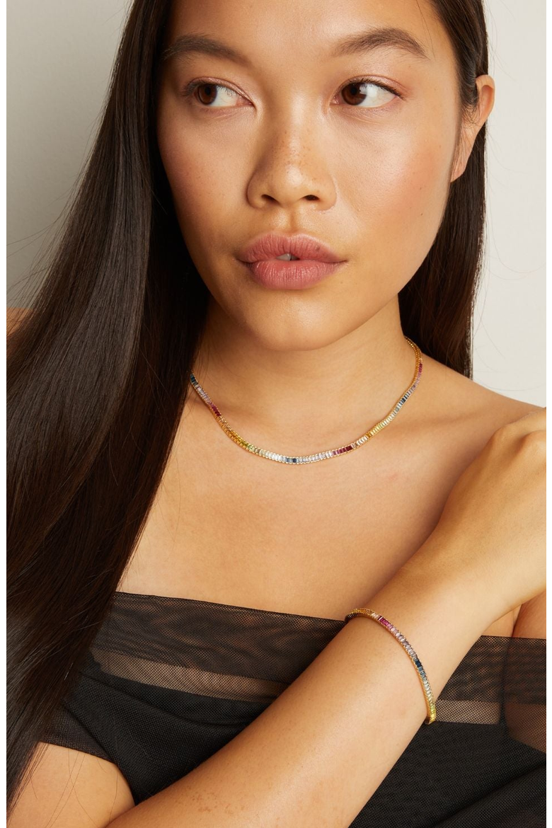 Rainbow Baguette Tennis Necklace, Alternate, color, Yellow Gold Vermeil