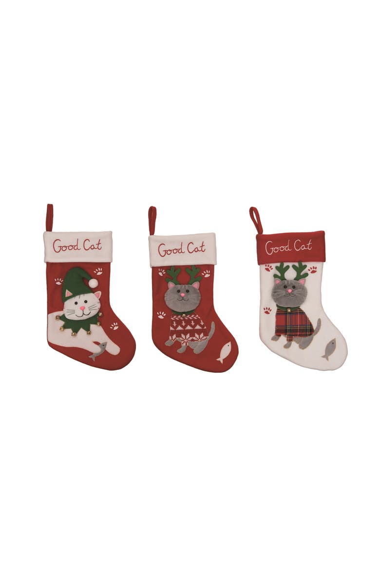 Transpac Cat Holiday Stocking Set of 3 Red Polyester Christmas Decor, Main, color, 