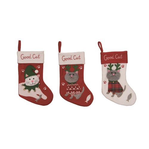 Transpac Cat Holiday Stocking Set Of 3 Red Polyester Christmas Decor