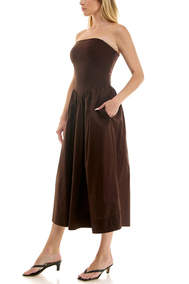 Mixed Media Strapless Midi Dress, Alternate, color, ESPRESSO