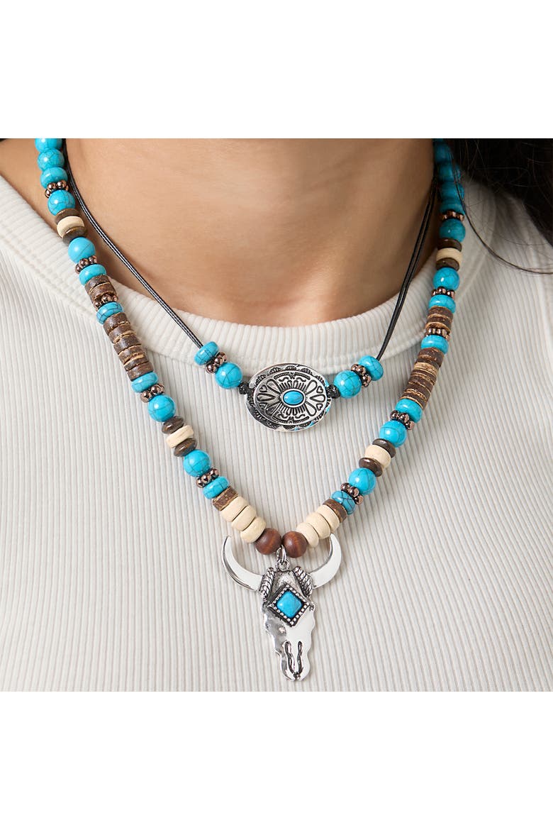 JS Jessica Simpson Beaded Layered Necklace in Turquoise and Amber Hues, Alternate, color, Multicolor