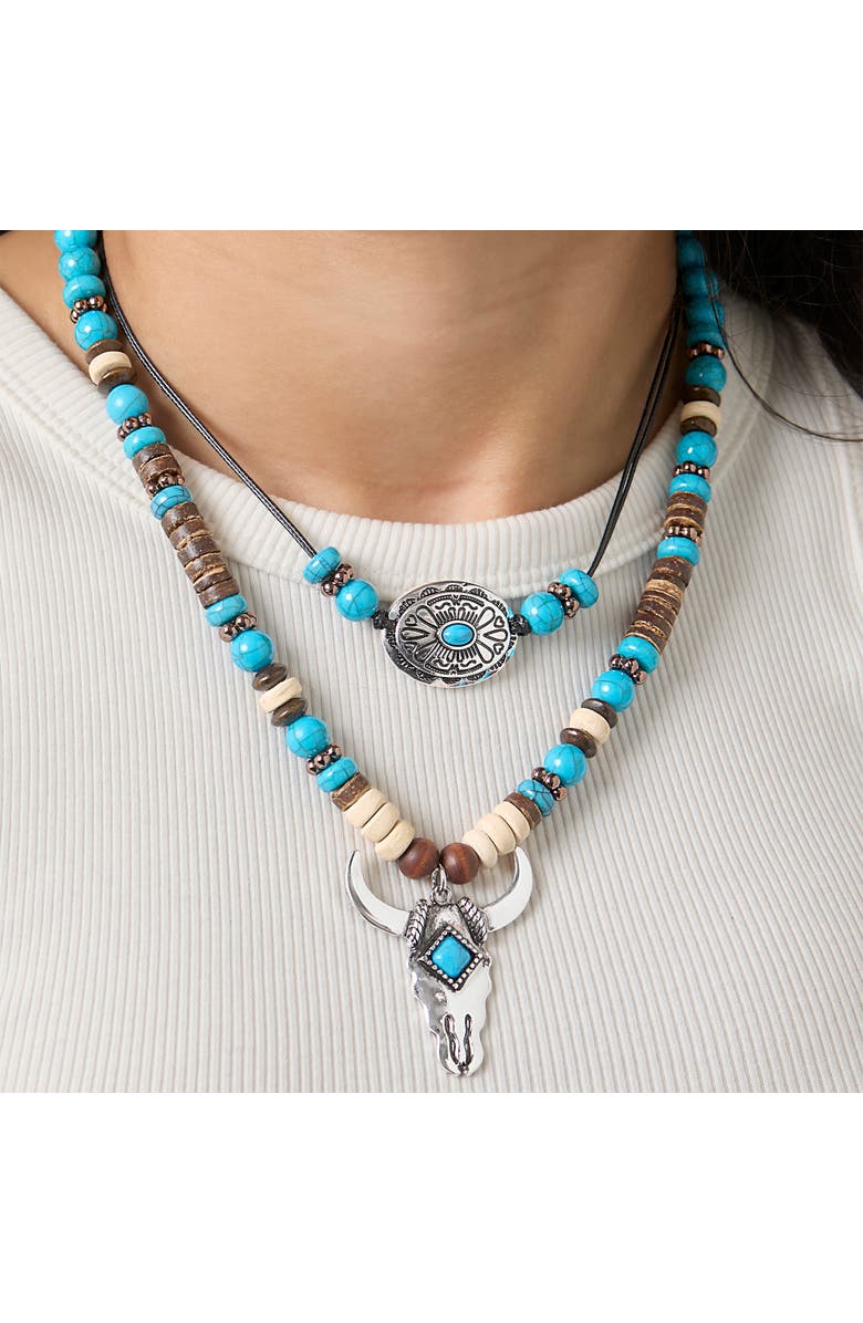 Jessica Simpson Beaded Layered Necklace in Turquoise and Amber Hues, Alternate, color, Multicolor