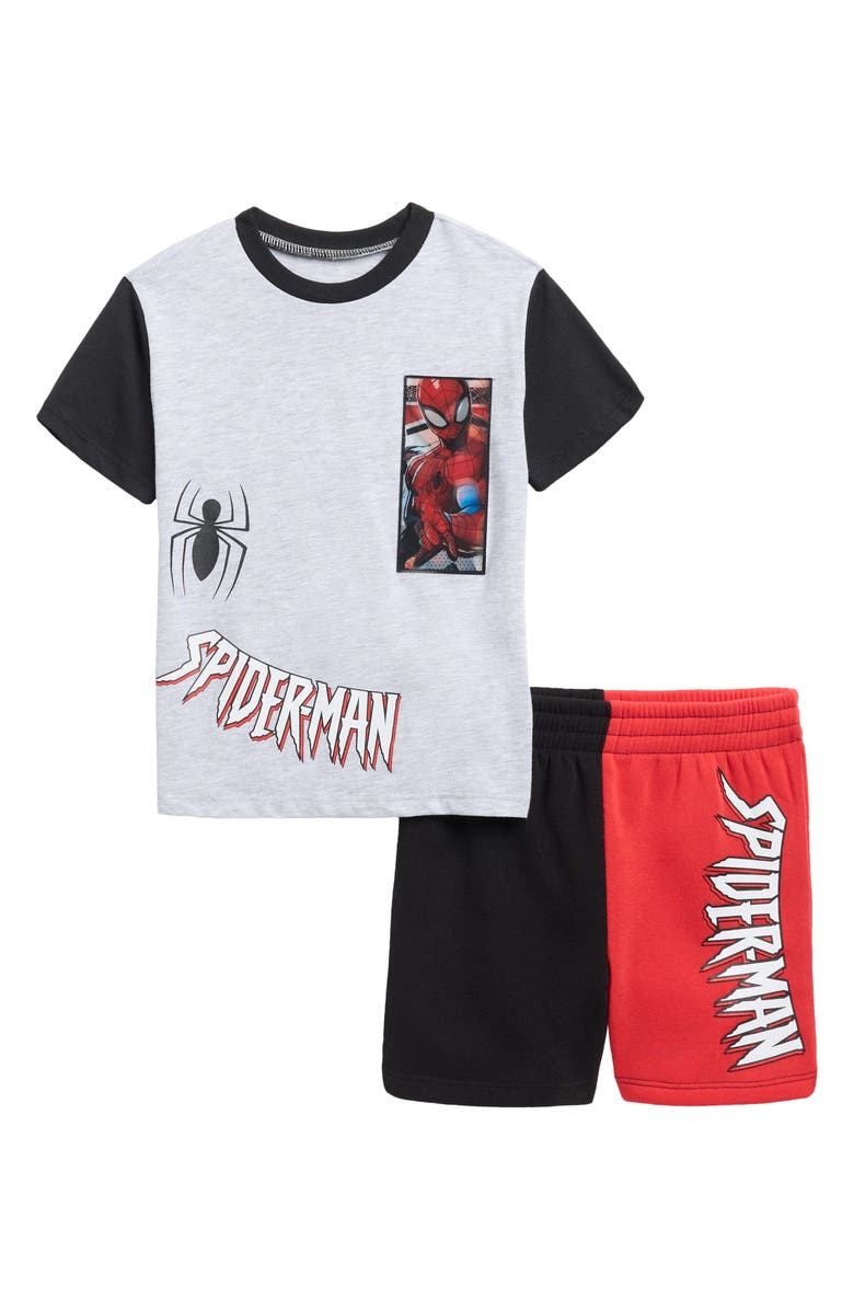 Happy Threads Kids' Spider-Man Colorblock Graphic T-Shirt & Shorts Set, Main, color, Heather Grey