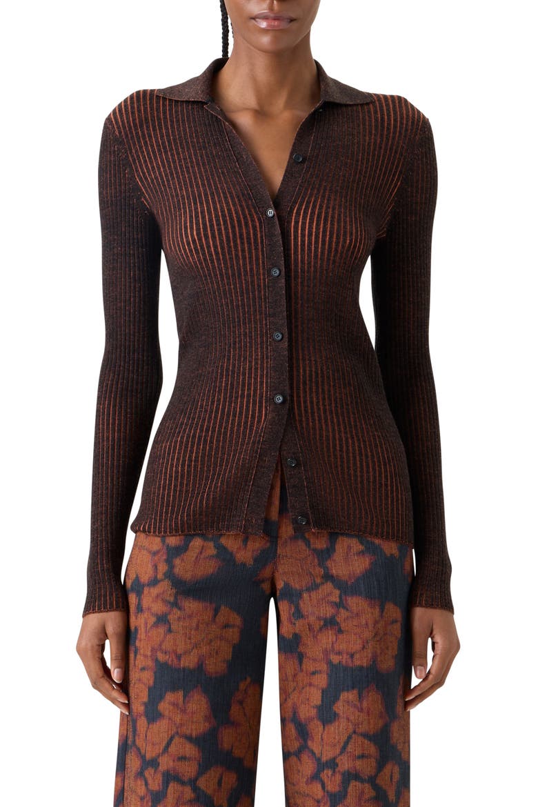 Two Tone Virgin Wool Rib Cardigan, Main, color, BLACK-ORANGE