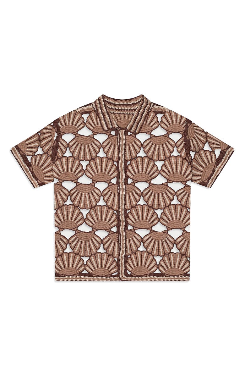 MAVRANS Seashell Crocheted Short Sleeve Organic Cotton Button-Up Shirt, Main, color, 