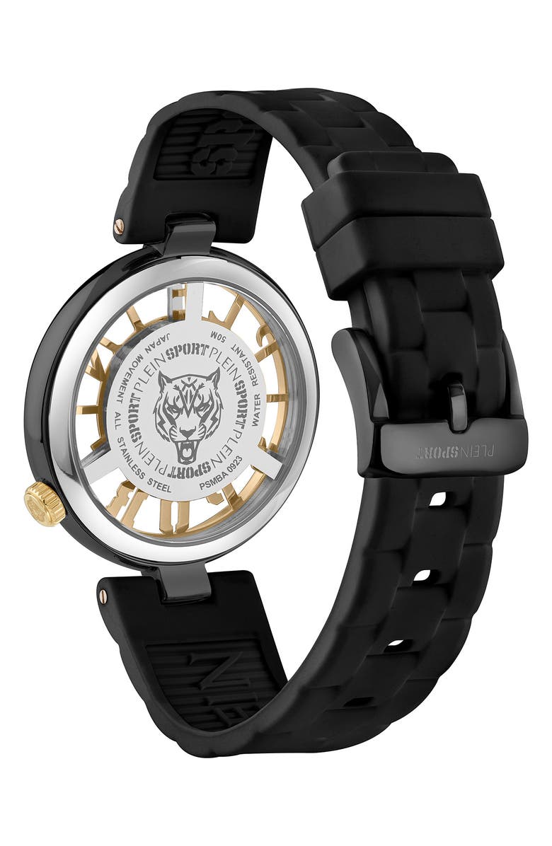 PLEIN SPORT Tiger Luxe Silicone Strap Watch, 36mm, Alternate, color, Ip Black