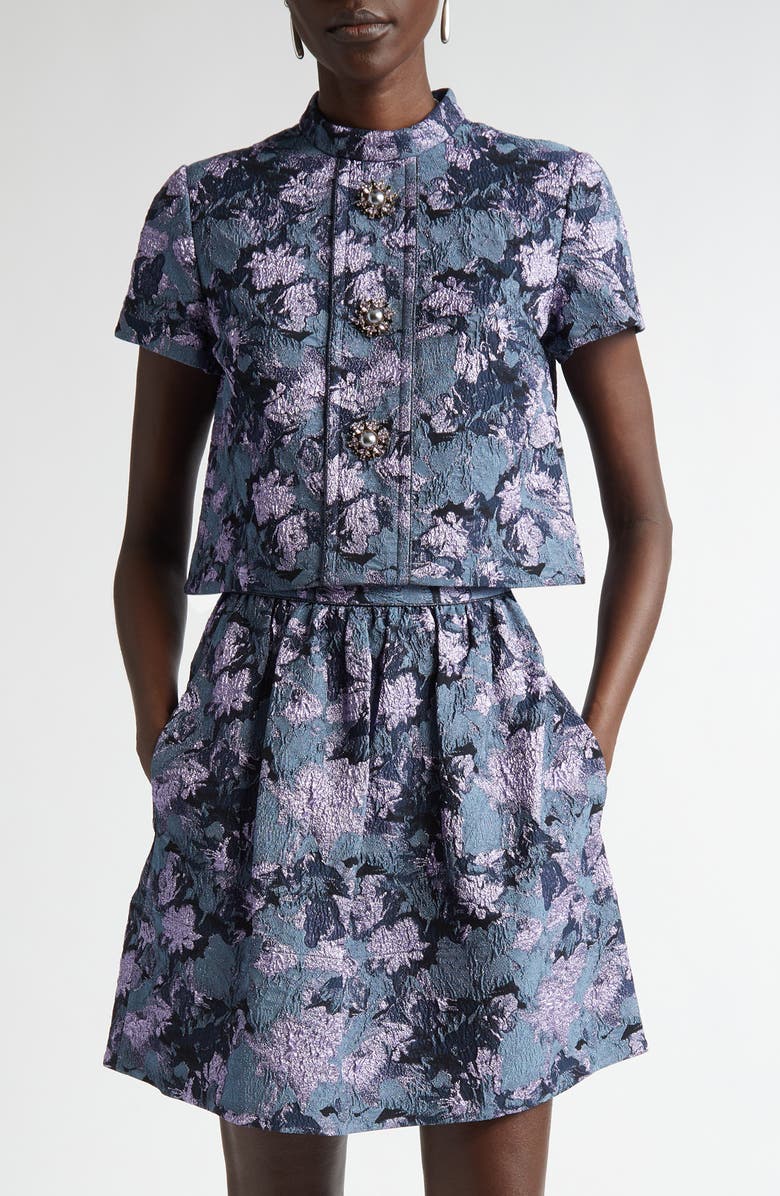 ST. JOHN Floral Metallic Jacquard Button-Up Shirt, Main, color, Midnight Lurex Multi