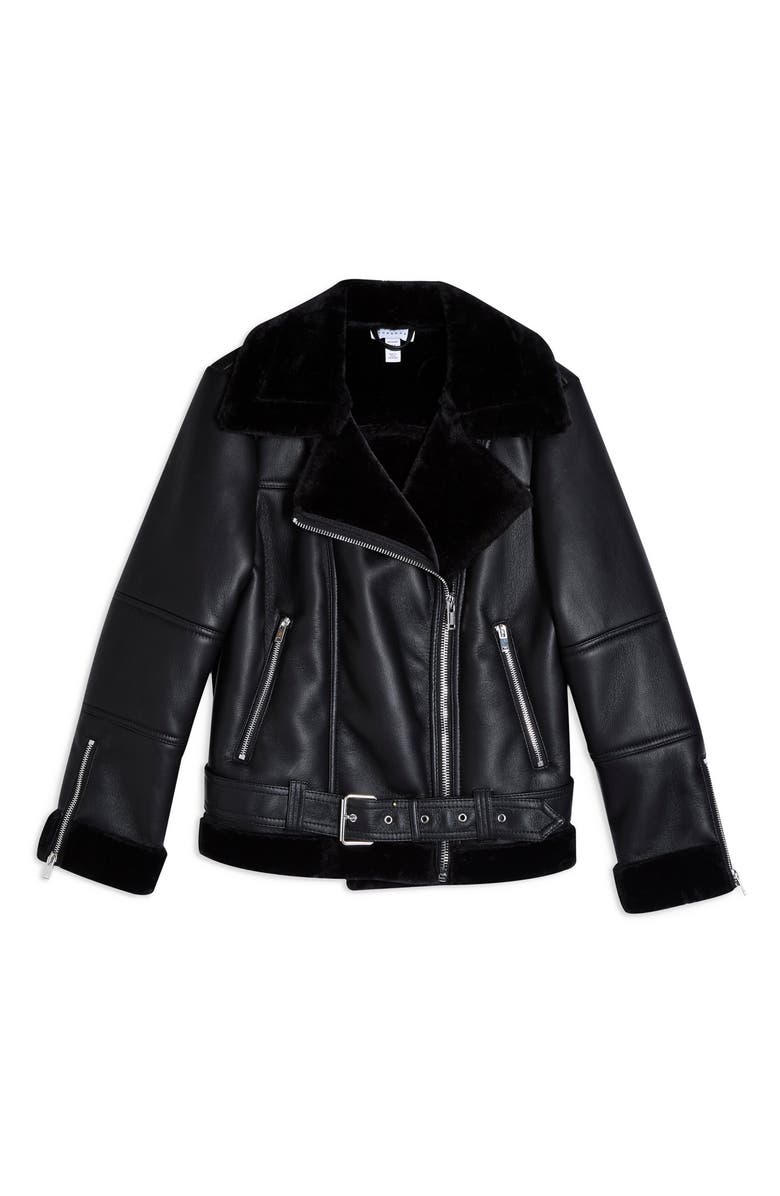 Topshop Cora Faux Shearling Biker Jacket, Alternate, color, 