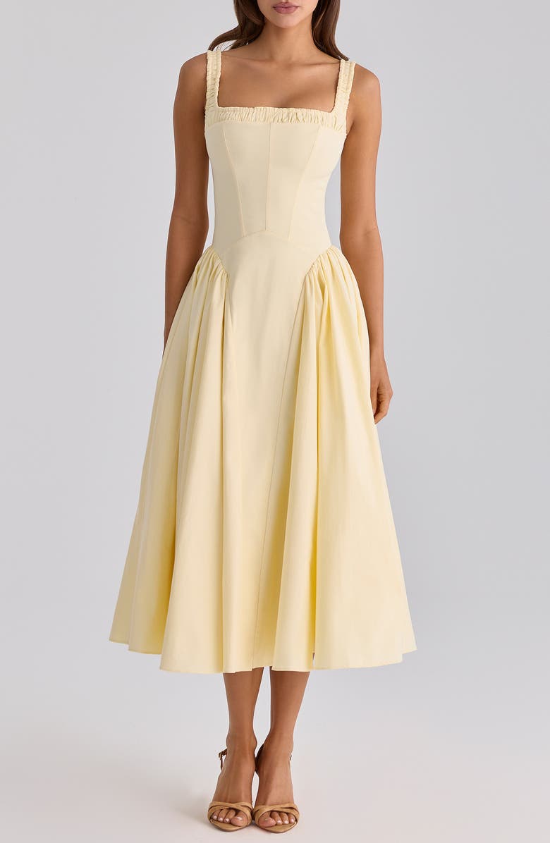 HOUSE OF CB Dorothy Stretch Pima Cotton Cocktail Midi Dress, Alternate, color, Lemon