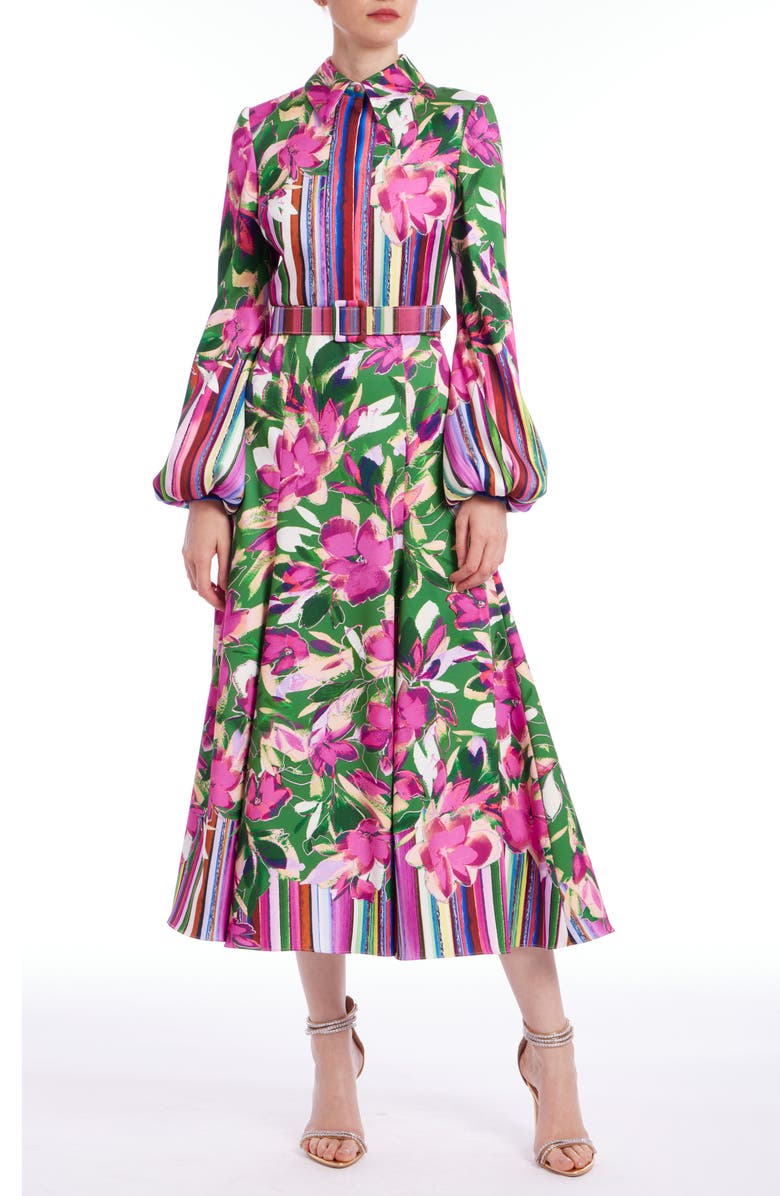Badgley Mischka Collection Floral & Stripe Print Long Sleeve Cocktail Dress, Main, color, 