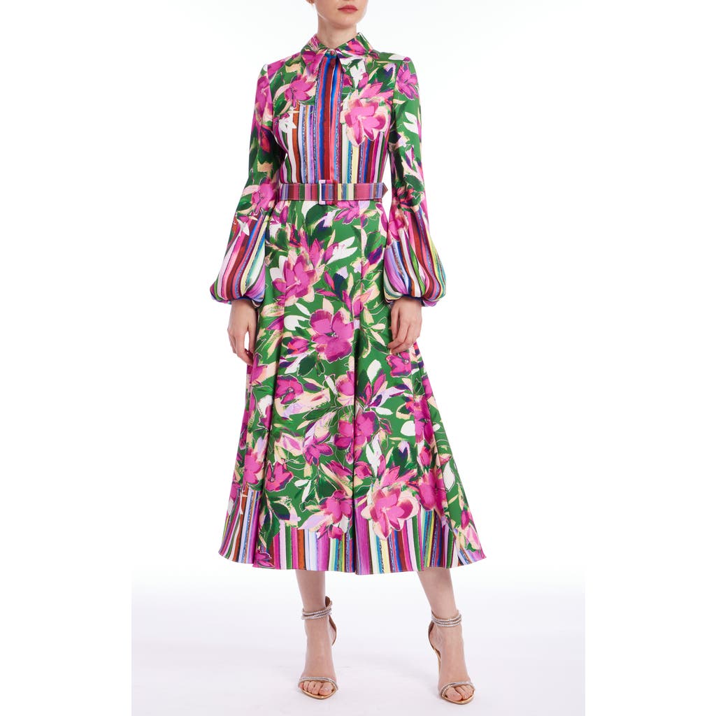 Badgley Mischka Belted Floral & Stripe-print Maxi Shirtdress In Emerald Multi