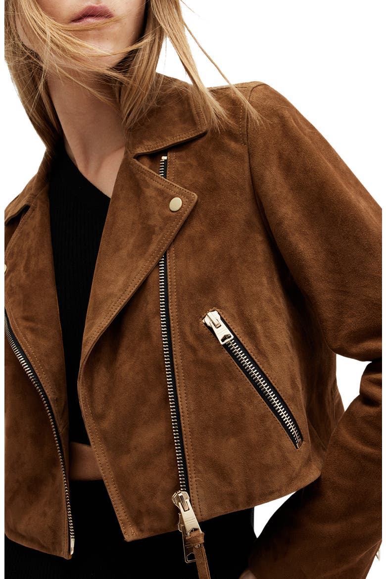 Dalby Crop Suede Moto Jacket, Alternate, color, SUGAR BROWN