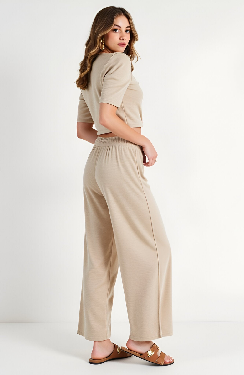 Modenaire Stretch Waistband Puff Sleeve Knit Top and Wide Leg Pants Set, Alternate, color, Beige